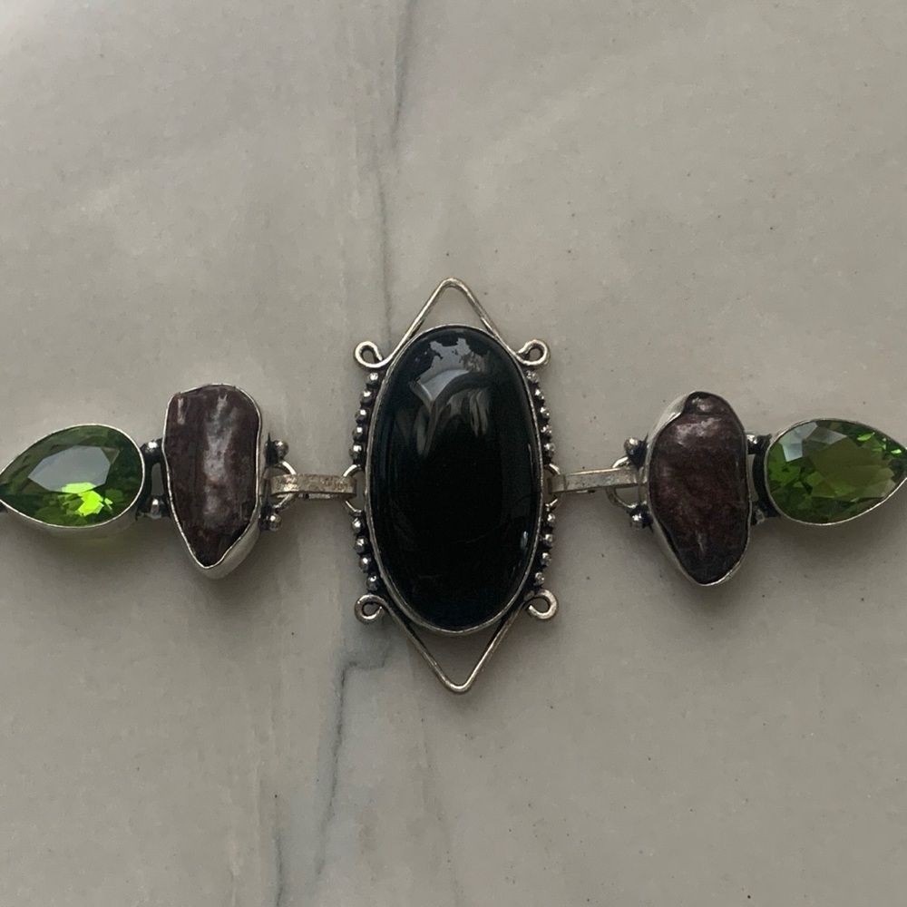 Sterling Silver Black Onyx and Green Crystal Bracelet